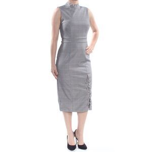 NWT XOXO Womens Gray Mock Neck Plaid Lace Up Midi Wear To Work Dress S